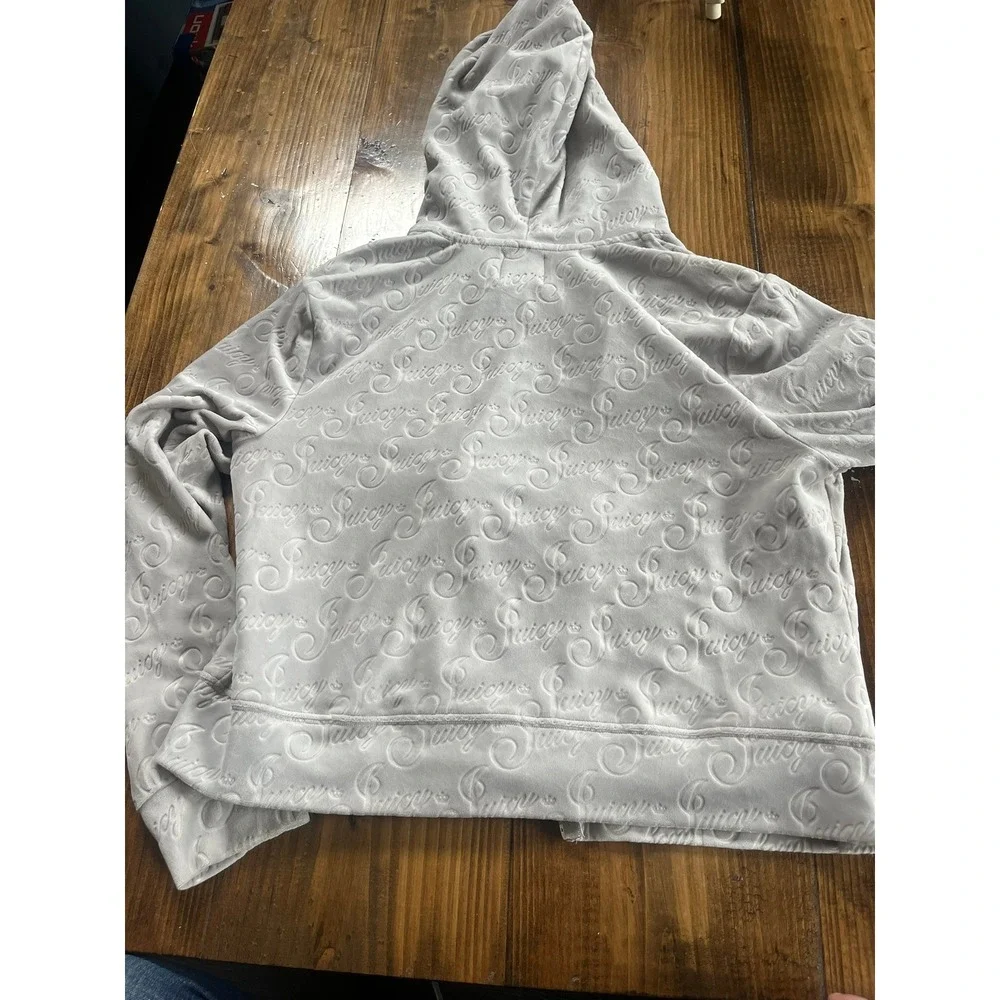 Juicy Couture Velour Zip Up Hoodie Grey Embossed All‎ Over Logo Y2K Size L - Picture 6 of 8